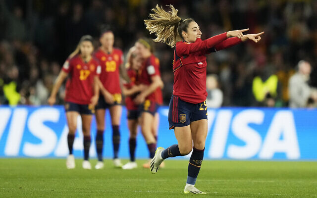 Spain's Olga Carmona celebrates after scoring the opening goal during the final of Women's World Cup soccer between Spain and England at Stadium Australia in Sydney, Australia, August 20, 2023. (AP Photo/Rick Rycroft) Spain's Olga Carmona celebrates after scoring the opening goal during the final of Women's World Cup soccer between Spain and England at Stadium Australia in Sydney, Australia, August 20, 2023. (AP Photo/Rick Rycroft)