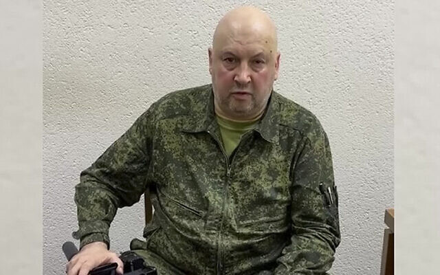File: Then-deputy Russian military commander in Ukraine Gen. Sergei Surovikin records his appeal against armed rebellion at an unknown location, June 24, 2023. (Russian Defense Ministry Press Service via AP)
