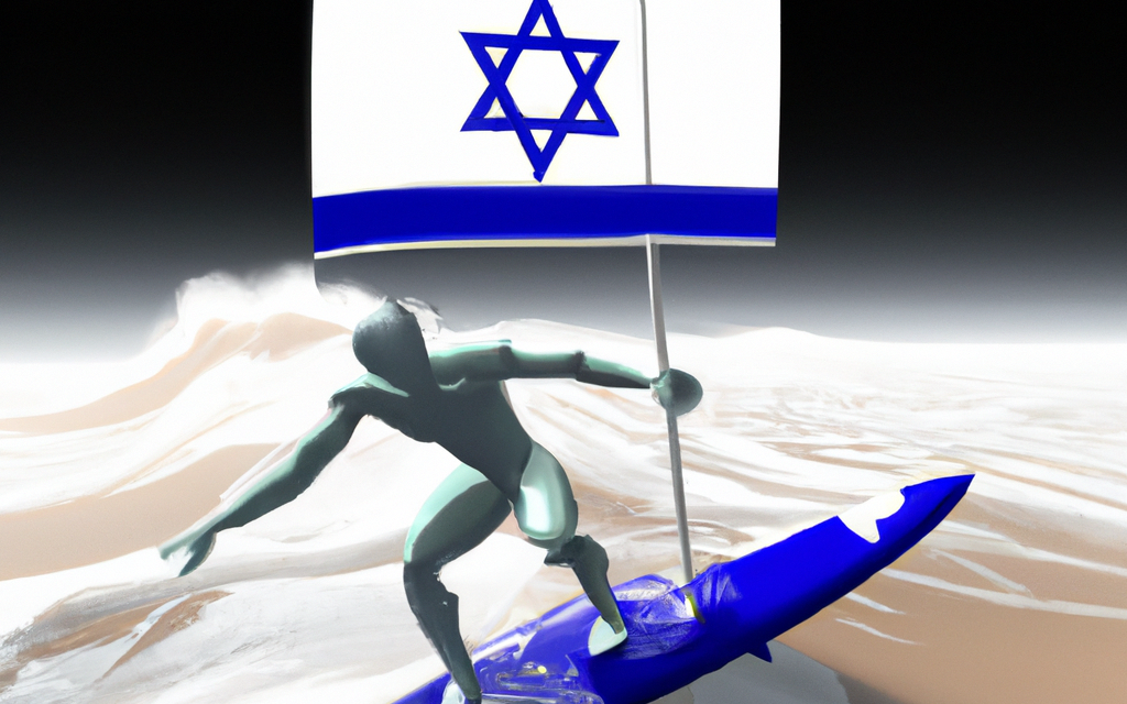 A DALL-E illustration created by Shoshanna Solomon: A futuristic cyborg riding a wave in the middle of the sea with an Israeli flag in the background.