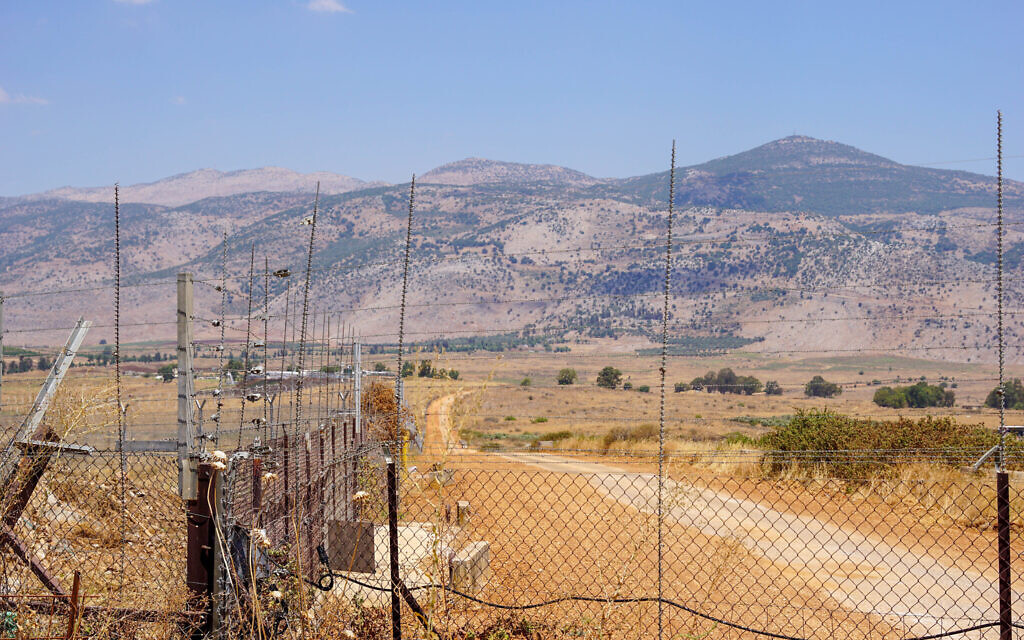 View of Mount Dov, also known as Shebaa farms, from the village of Ghajar on the Lebanon border, August 2, 2023. (Emanuel Fabian/Times of Israel)