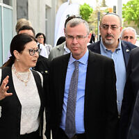 Supreme Court President Esther Hayut and Justice Minister Yariv Levin attend the opening of a new courthouse in Katzrin on June 1, 2023. (Michael Giladi/Flash90)