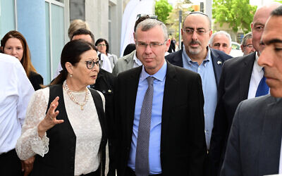 Supreme Court President Esther Hayut and Justice Minister Yariv Levin attend the opening of a new courthouse in Katzrin on June 1, 2023. (Michael Giladi/Flash90)