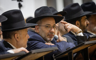 Erez Malul, a lawmaker for Shas, attends the coronation ceremony of Rabbi Yehuda Cohen at a synagogue in Jerusalem, July 13, 2023. (Chaim Goldberg/Flash90)