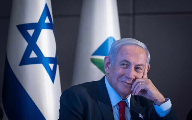 File: Prime Minister Benjamin Netanyahu at a press conference on the planned construction of a new railway line from the northern city of Kiryat Shmona to Eilat, in Jerusalem, July 30, 2023. (Chaim Goldberg/Flash90)