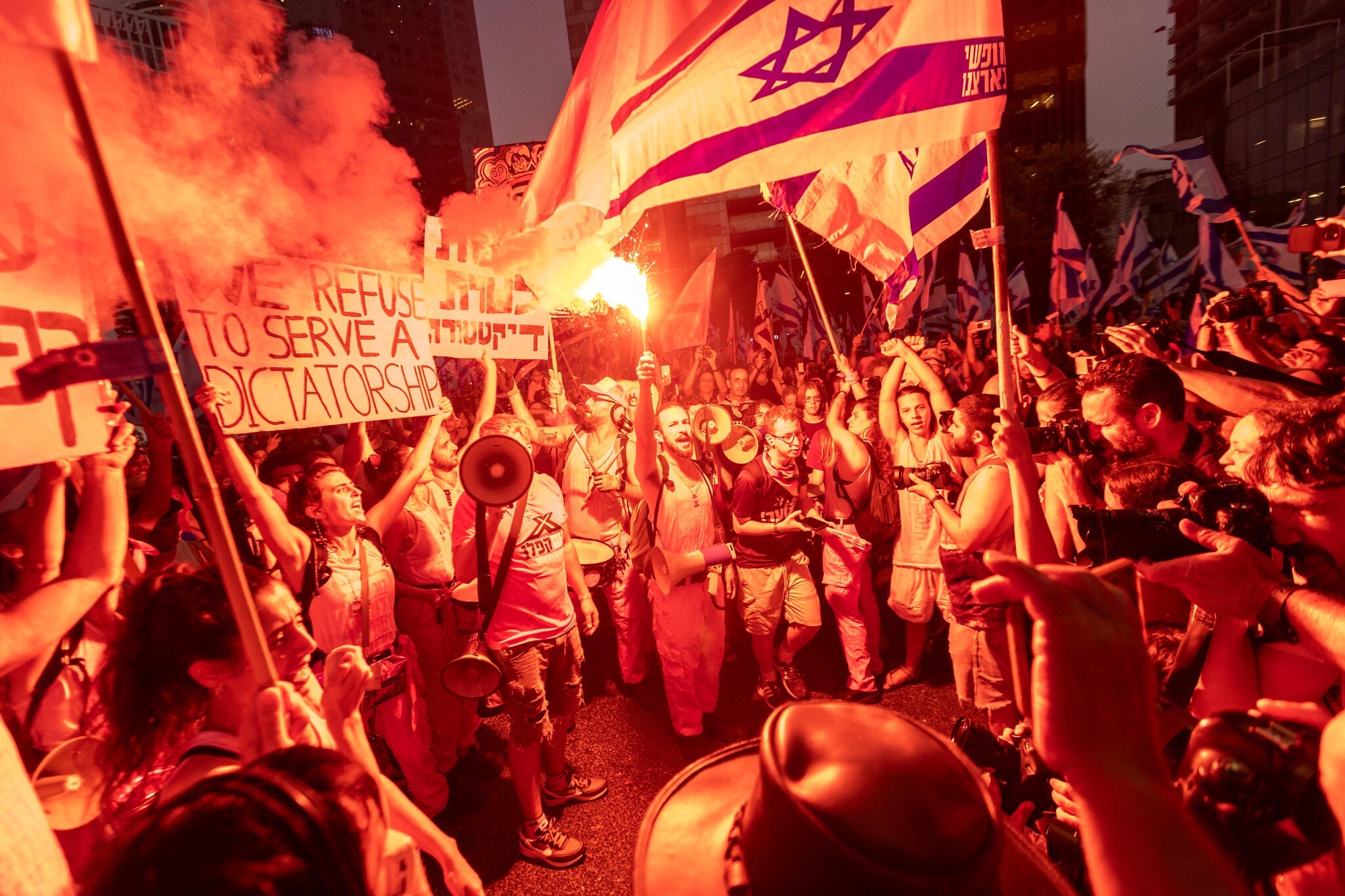 Anti-overhaul activists protest against the government's judicial overhaul, in Tel Aviv, on July 29, 2023.(Yossi Aloni/Flash90)