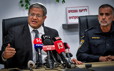 National Security Minister Itamar Ben Gvir seen during a meeting with police officers from the Yasam riot control unit, in Tel Aviv on August 2, 2023. (Avshalom Sassoni/Flash90)