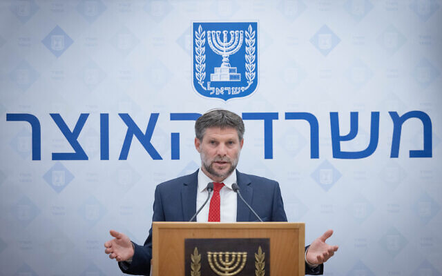 Finance Minister Bezalel Smotrich speaks during a press conference at the Ministry of Finance in Jerusalem on August 9, 2023. (Chaim Goldberg/Flash90)
