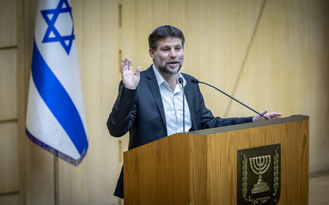 Finance Minister Bezalel Smotrich during a discussion and a vote at the Knesset in Jerusalem on August 16, 2023. (Yonatan Sindel/Flash90)