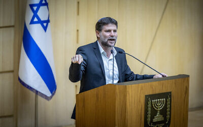 Finance Minister Bezalel Smotrich speaks at the Knesset on August 16, 2023. (Yonatan Sindel/Flash90)