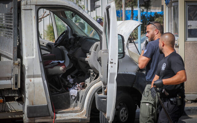 The scene of a truck-ramming attack at the Hashmonaim checkpoint near Modiin, August 31, 2023. (Jamal Awad/Flash90)