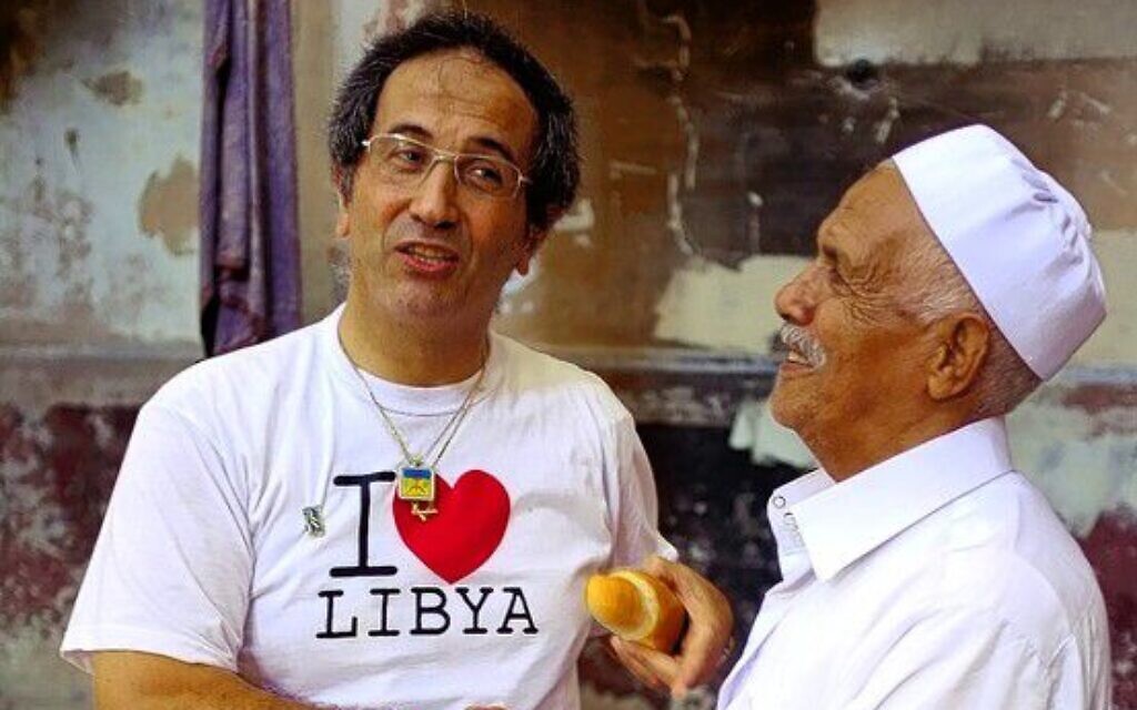 Libyan-Italian psychologist David Gerbi (left) during a visit to Tripoli, Libya, in 2011 (Courtesy)