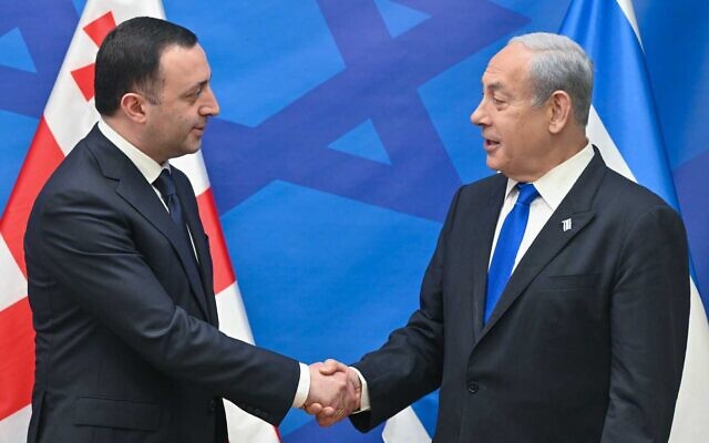 Prime Minister Benjamin Netanyahu (right) meets Georgian Prime Minister  Irakli Garibashvili in Tel Aviv on August 17, 2023. (Kobi Gideon/GPO)