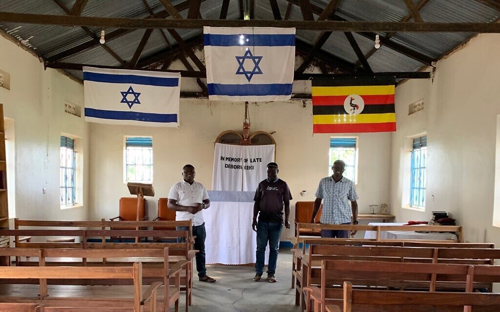 Members of the Abayudaya Men's Club Association at the Namanyonyi synagogue near Mbale, Uganda, July 13, 2023. (Amanda Borschel-Dan/Times of Israel)