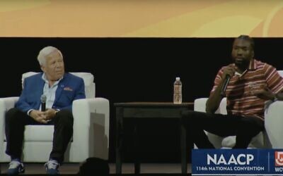 Philanthropist Robert Kraft, left, and rapper Meek Mill during a discussion about antisemitism and racism during the annual NAACP convention in Boston, July 30, 2023. (Screenshot used in accordance with Clause 27a of the Copyright Law)