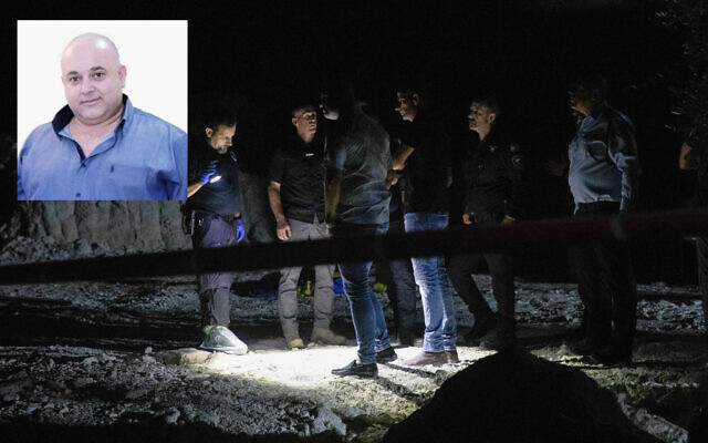 Main image: Police at the scene of a mass shooting in Abu Snan, August 22, 2023. Inset: One of the shooting's four victims, Ghazi Sa’ab, a candidate for the town's mayor. (Shir Torem/Flash90; Facebook; used in accordance with clause 27a of the copyright law)