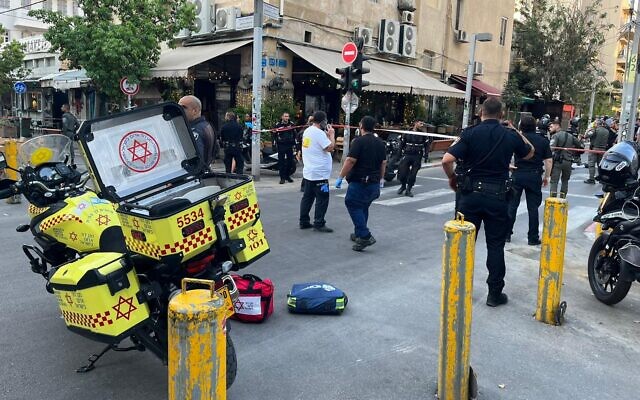 This handout photo shows the scene of a suspected terror shooting in Tel Aviv, August 5, 2023. (Magen David Adom) This handout photo shows the scene of a suspected terror shooting in Tel Aviv, August 5, 2023. (Magen David Adom)