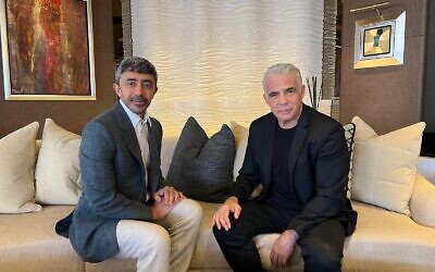 Opposition leader and former prime minister Yair Lapid (R) meets with UAE Foreign Minister Abdullah Bin Zayed in Italy, August 8, 2023. (Courtesy: Yair Lapid's office)