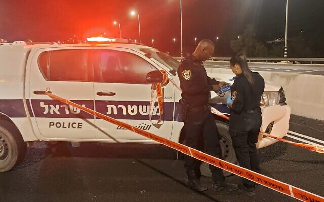 The scene of a deadly drive-by shooting on Route 40 on August 8, 2023. (Israel Police)