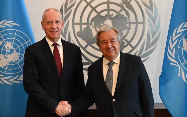 Defense Minister Yoav Gallant (left) meets with United Nations Secretary-General Antonio Guterres, at the UN headquarters in New York, August 29, 2023. (United Nations Secretary-General Antonio Guterres)
