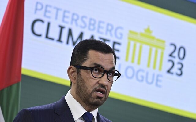 COP28 UAE President Sultan Ahmed al-Jaber attends a joint press conference on the second day of the Petersberg Climate Dialogue in Berlin, Germany, on May 3, 2023. (John MacDougall/Pool Photo via AP, File)