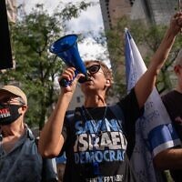 Israeli-led protesters rally against Prime Minister Benjamin Netanyahu outside UN Headquarters in New York City, September 22, 2023. (Luke Tress/Times of Israel)
