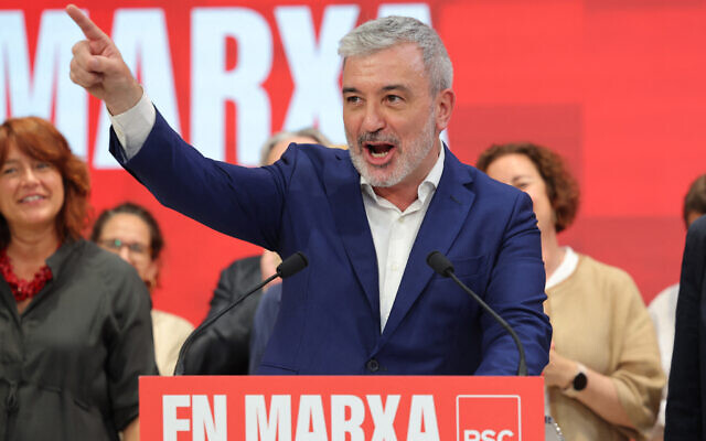 Then-mayoral candidate Jaume Collboni speaks at the Socialist Party of Catalonia's headquarters in Barcelona on May 28, 2023, after the local and regional elections in Spain. (Lluis Gene/AFP)