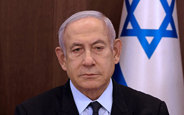 Prime Minister Benjamin Netanyahu chairs a cabinet meeting in Jerusalem on August 27, 2023. (Menahem KAHANA / AFP)