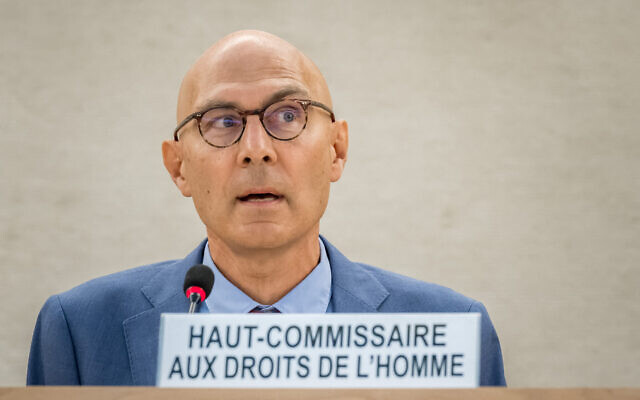 UN High Commissioner for Human Rights Volker Turk delivers a speech at the opening of the 54th UN Human Rights Council in Geneva, on September 11, 2023. (Fabrice COFFRINI/AFP)