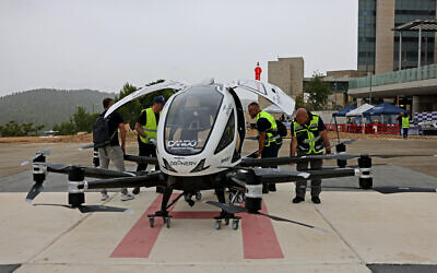 Israel's National Air Drone Initiative (INDI) unveils a drone air taxi at Hadassah Hospital in Jerusalem on September 13, 2023. (Photo by AHMAD GHARABLI / AFP)