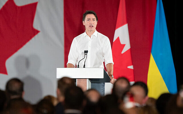Canada's Prime Minister Justin Trudeau speaks during an event with the Ukrainian-Canadian community and Ukraine's President Volodymyr Zelensky (out of frame) in Toronto, Canada, on September 22, 2023. (Geoff Robins / AFP)
