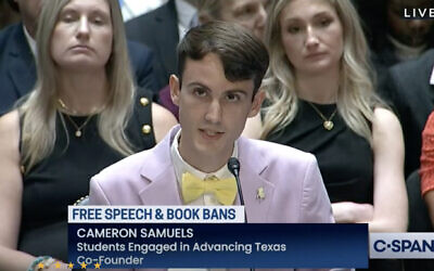 Cameron Samuels, a Jewish college student and book-access activist, discusses the impact of their Texas high school's challenge to "Maus" at a Senate hearing on book bans, Sept. 12, 2023. (C-SPAN Screenshot via JTA)