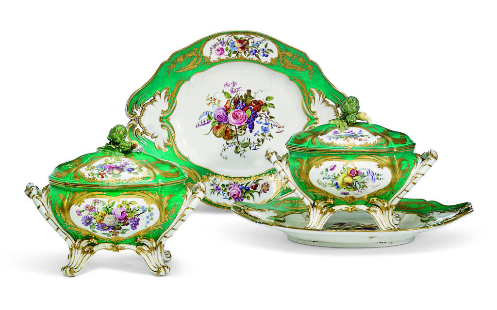 A pair of Sevres porcelain green ground oval tureens, covers and stands from the Rothschild collection. (Courtesy of Christie's Images)