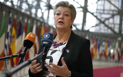 European Commissioner for Home Affairs Ylva Johansson speaks with the media as she arrives for a meeting of EU interior ministers at the European Council Brussels on March 9, 2023. (AP Photo/Virginia Mayo)