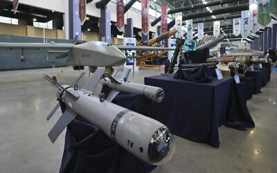FILE - Iran's domestically built drones and weapons are displayed in an exhibition in a military compound belonging to the defense ministry, in Tehran, Iran, August 23, 2023.(AP Photo/Vahid Salemi, File)
