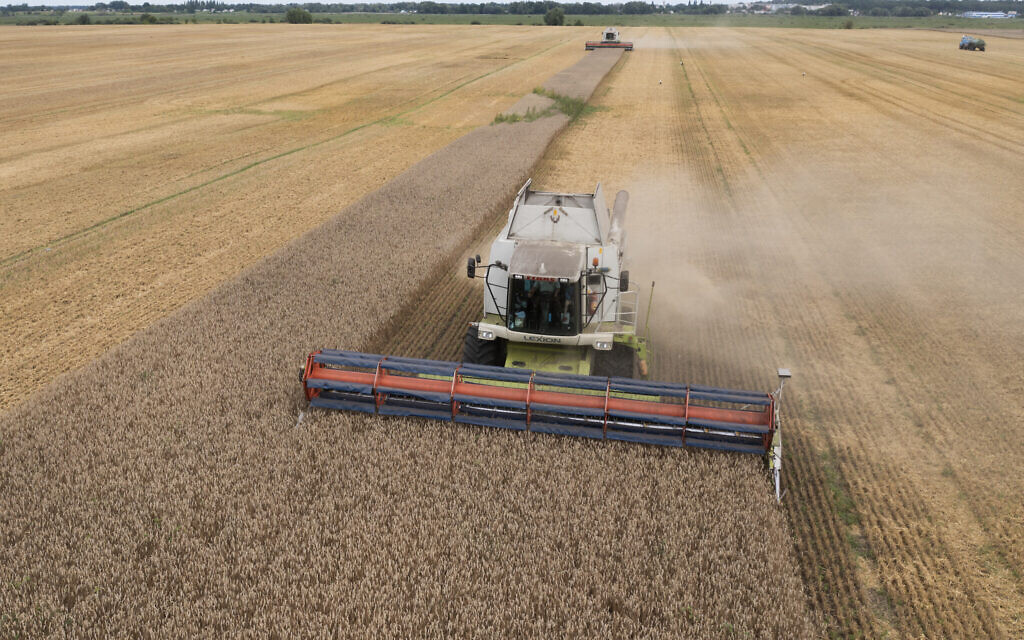 Harvesters collect wheat in the village of Zghurivka, Ukraine, on August 9, 2022. (AP Photo/Efrem Lukatsky, File)