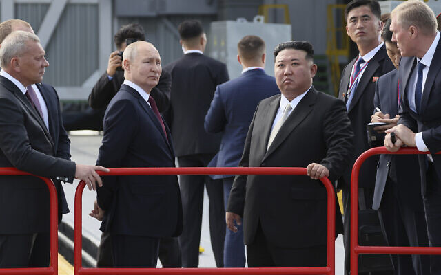 Russian President Vladimir Putin, left, and North Korea's leader Kim Jong Un examine a launch pad during their meeting at the Vostochny cosmodrome outside the city of Tsiolkovsky, about 200 kilometers (125 miles) from the city of Blagoveshchensk in the far eastern Amur region, Russia, September 13, 2023. (Mikhail Metzel, Sputnik, Kremlin Pool Photo via AP)