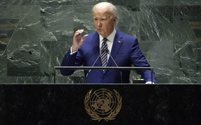 US President Joe Biden addresses the 78th session of the United Nations General Assembly, September 19, 2023. (AP/Richard Drew)