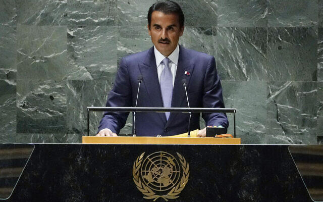Qatar's Amir Sheikh Tamim bin Hamad Al Thani addresses the 78th session of the United Nations General Assembly, Tuesday, Sept. 19, 2023. (AP Photo/Richard Drew)