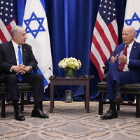 US President Joe Biden, right, meets with Israeli Prime Minister Benjamin Netanyahu in New York, Wednesday, Sept. 20, 2023 (AP Photo/Susan Walsh)