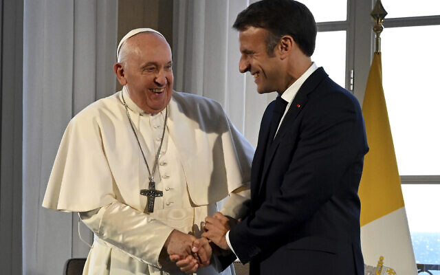 Pope Francis meets French President Emmanuel Macron at the Palais du Pharo, in Marseille, France, Saturday, Sept. 23, 2023 (Andreas Solaro/AFP via AP, Pool)