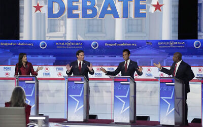 From left to right, former UN Ambassador Nikki Haley, Florida Gov. Ron DeSantis, businessman Vivek Ramaswamy and Sen. Tim Scott, R-SC, argue a point during a Republican presidential primary debate hosted by FOX Business Network and Univision, Wednesday, September 27, 2023, at the Ronald Reagan Presidential Library in Simi Valley, Calif. (AP Photo/Mark J. Terrill)