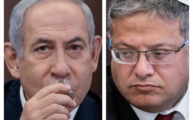 Prime Minister Benjamin Netanyahu (L) and National Security Minister Itamar Ben Gvir at the cabinet meeting in Jerusalem, Sept. 10, 2023. (Chaim Goldberg/Flash 90)