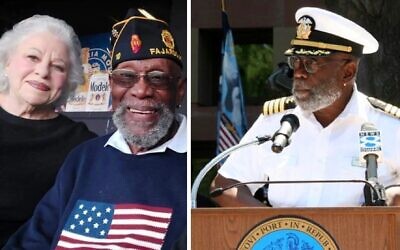 Left: Bill Pinkney and his former wife, Chicago food celebrity Ina Pinkney. (Courtesy of Ina Pinkney). Right: Capt. Bill Pinkney speaking in New Haven, Connecticut. (2021 Captain Bill Pinkney via JTA)