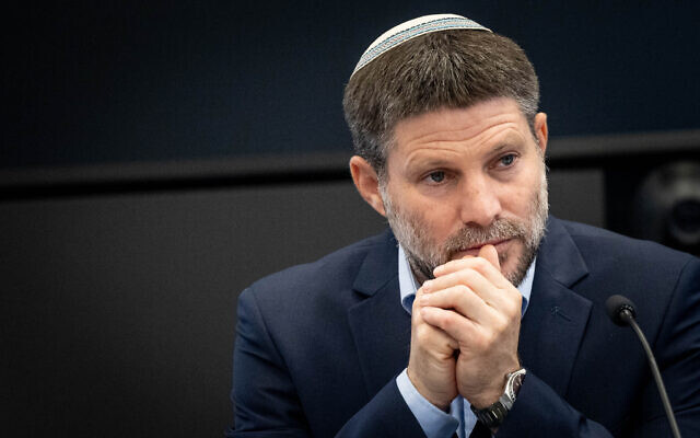 Finance Minister Bezalel Smotrich attends the first meeting of the committee for decentralization and increasing competition in the food and toiletry markets, September 3, 2023. (Chaim Goldberg/Flash90)
