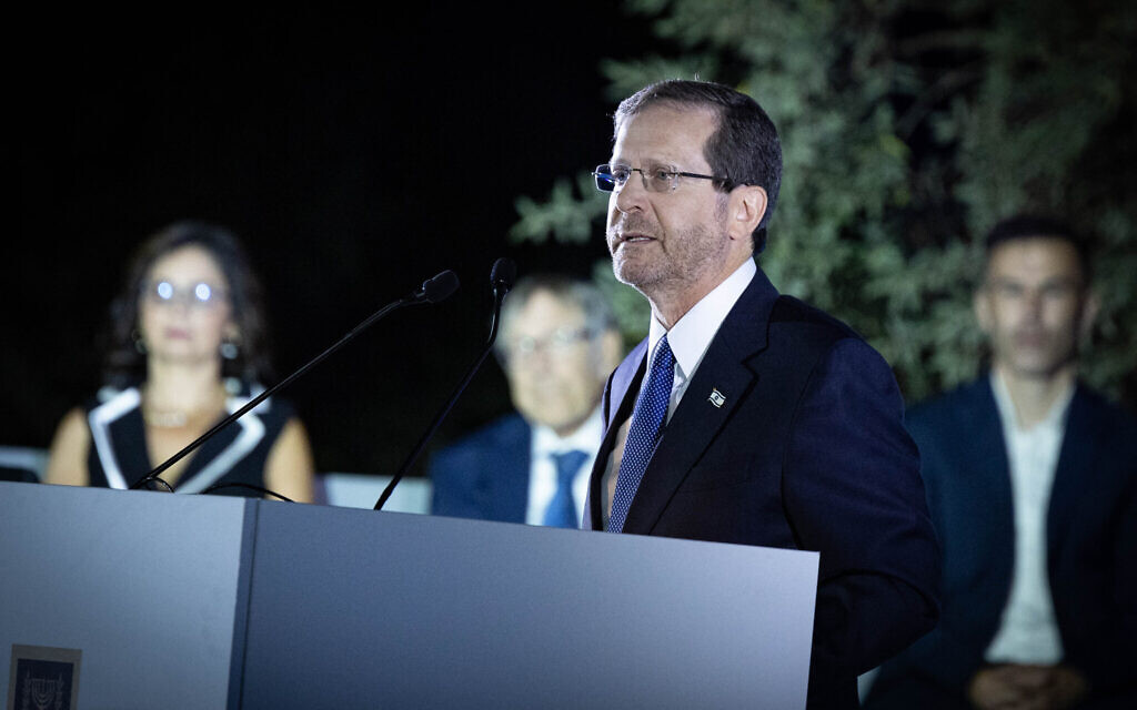 Israeli president Isaac Herzog speaks at the President residence in Jerusalem, September 6, 2023. (Chaim Goldberg/Flash90)