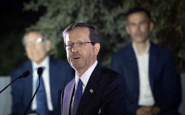President Isaac Herzog at an award ceremony at the President's Residence in Jerusalem, September 6, 2023. (Chaim Goldberg/Flash90)