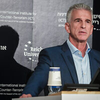 Mossad director David Barnea speaks at a conference at Reichman University on September 10, 2023. (Avshalom Sassoni/ Flash90)