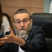 Knesset Finance Committee chair MK Moshe Gafni seen during a committee meeting at the Knesset, in Jerusalem, on September 26, 2023. (Chaim Goldberg/Flash90)