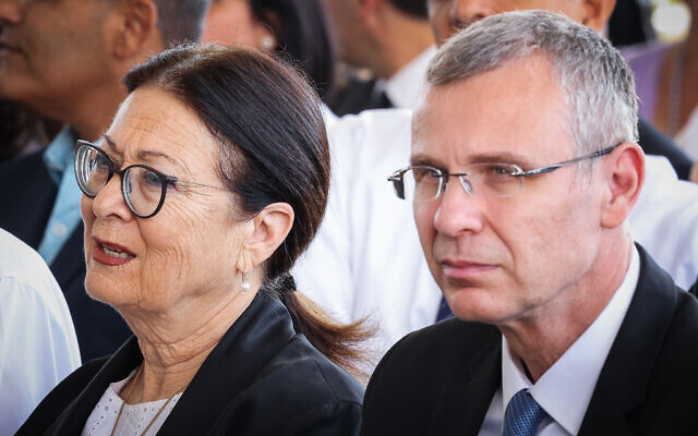 Supreme Court President Esther Hayut (left) and Justice Minister Yariv Levin attend the opening of the Magistrate's Court in the northern city of Safed, on September 27, 2023. (David Cohen/Flash90)