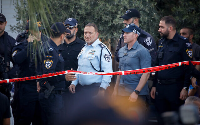 Israeli chief of police Kobi Shabtai on the scene of a quintuple murder in the northern town of Basmat Tab’un on September 27, 2023. (Shir Torem/FLASH90)
